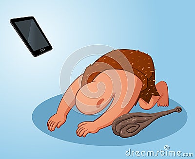 Caveman worshiping a gadget Vector Illustration