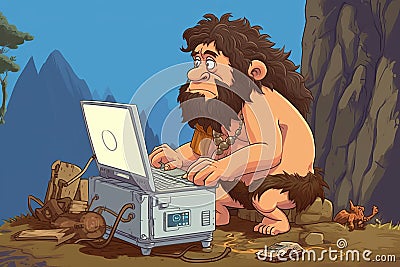 Cavemen discovers computer, cartoon style. Beautiful illustration picture. Generative AI Cartoon Illustration