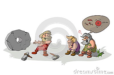 Cavemen inventing the wheel. Vector Illustration