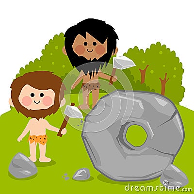Cavemen and a stone carved wheel. Vector illustration Vector Illustration
