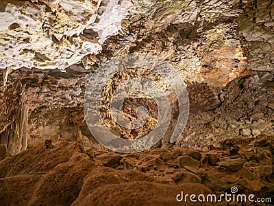 Caves of Diros or The Alepotrypa Cave is an archaeological site in the Mani region of the Peloponnese peninsula, Greece. Stock Photo