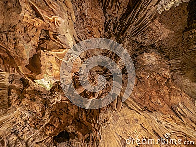 Caves of Diros or The Alepotrypa Cave is an archaeological site in the Mani region of the Peloponnese peninsula, Greece. Stock Photo