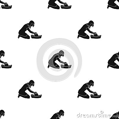 Cavewoman with grindstone icon in black style isolated on white. Stone age pattern. Vector Illustration