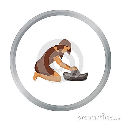 Cavewoman with grindstone icon in cartoon style on white background. Stone age symbol stock vector illustration Vector Illustration