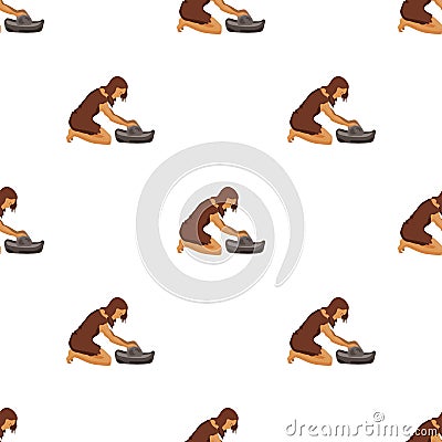 Cavewoman with grindstone icon in cartoon style on white background. Stone age symbol stock vector illustration Vector Illustration