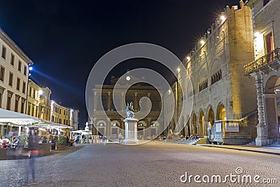 Cavour square at night in Rimini, Italy. Editorial Stock Photo