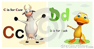 Caw and Duck with Alphabate Cartoon Illustration