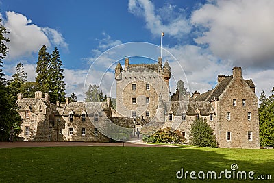 Front of Cawdor Castle with turret and drawbridge with bell and Stags Head Buckel Be Mindfull emblem. The castle has been known Editorial Stock Photo