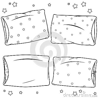 Pillows collection. Set of comfortable pillows for sleep. Vector black and white coloring page. Vector Illustration