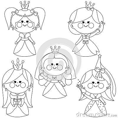 Beautiful girl princesses. Vector black and white coloring page Vector Illustration