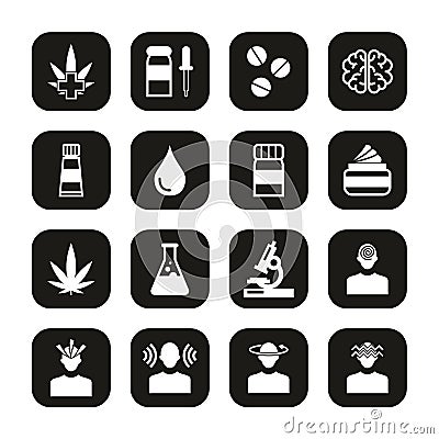 CBD Medicine Icons White On Black Set Vector Illustration