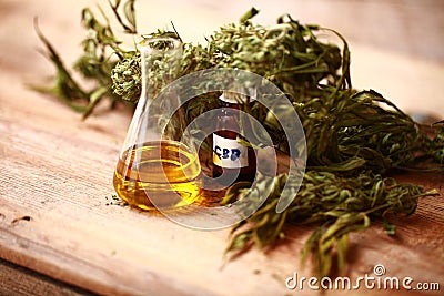 CBD oil bottle and hemp products cannabis Stock Photo