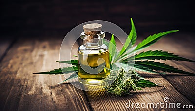 CBD Oil with Indian Hemp Leaves on Wooden Table - Natural Wellness - Generative AI Cartoon Illustration