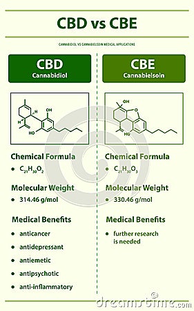 CBD vs CBE, Cannabidiol vs Cannabielsoin vertical infographic Vector Illustration