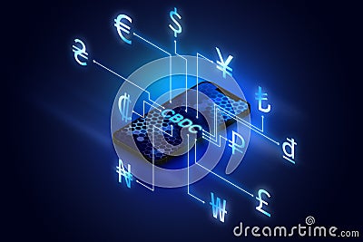 CBDC Central Bank Digital Currency banner, futuristic smartphone with symbols of fiat currencies of different countries. Stock Photo