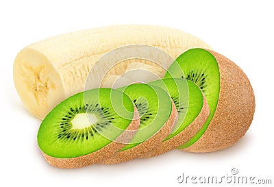 Ccomposition with cutted banana and kiwi isolated on a white background. Stock Photo