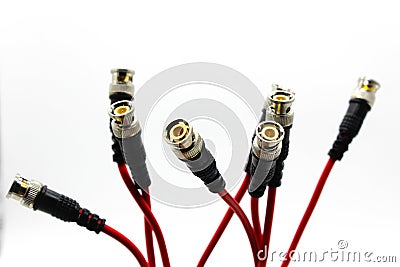 CCTV cable BNC Connector with Copper Cable isolated on white background Stock Photo