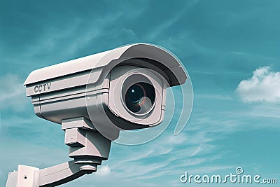 CCTV camera against serene blue sky, watchful eye overhead Stock Photo