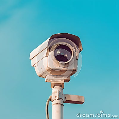 CCTV camera against serene blue sky, watchful eye overhead Stock Photo