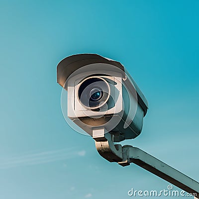 CCTV camera against serene blue sky, watchful eye overhead Stock Photo