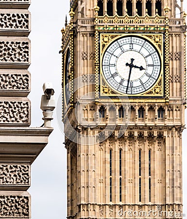 CCTV Camera with blurred Big Ben in Background Stock Photo