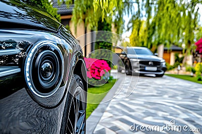 A CCTV camera capturing footage of a driveway, with a car pulling in and the system automatically recognizing the vehicle and Stock Photo