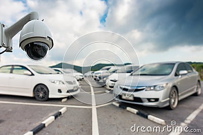 CCTV camera on car parking, Overhead CCTV, Technology tracking Stock Photo