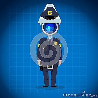 CCTV camera headed man. policeman, security concept. character d Vector Illustration