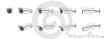 CCTV camera icon set. Security surveillance flat icons. Safety control videcam rotation collection. Video protection Vector Illustration