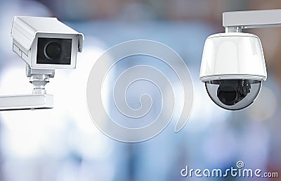 Cctv camera or security camera on retail shop blurred background Stock Photo