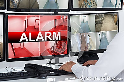 CCTV Footage With Security Alarm Text On Screen Stock Photo