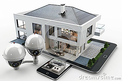 CCTV protecting technology driven security with smart router for enhanced safeguarding, connecting LAN for floor sensors, and obse Cartoon Illustration