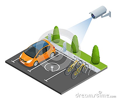 CCTV security camera on isometric illustration of electric car parking. 3d isometric vector illustration. Vector Illustration