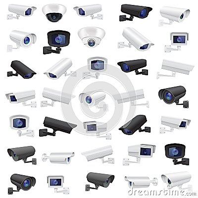 CCTV security camera. Large collection of black and white surveillance devices Vector Illustration