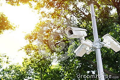 CCTV security camera surveillance in the park Stock Photo