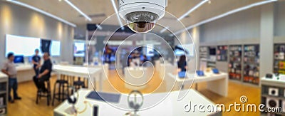 CCTV security panorama with shop store blurry background. Stock Photo