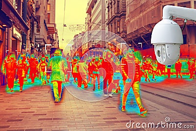 CCTV. Simulation of body temperature check by thermoscan or infrared thermal camera. Protection of sity streets Stock Photo