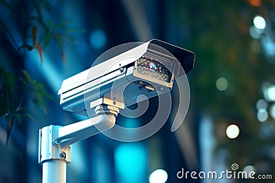 CCTV vigilance 24 hour security camera against a natural blur Stock Photo