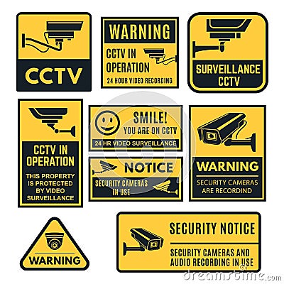 CCTV warning sign set, video system control Vector Illustration