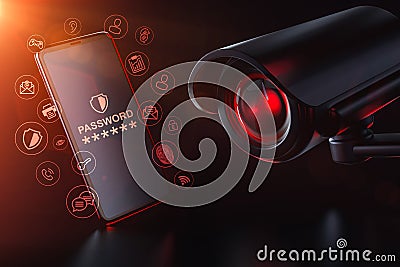 Cctv watches a password protected smartphone. Surveillance Self-Defense concept. 3D rendering Stock Photo
