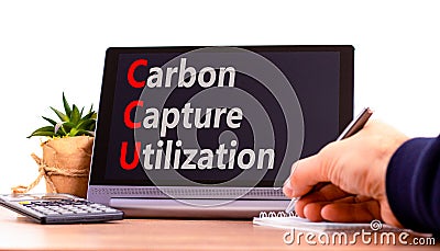 CCU Carbon capture utilization symbol. Concept words CCU Carbon capture utilization on beautiful tablet. Beautiful white Stock Photo