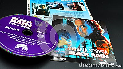 CD and artwork of video of BLACK RAIN. 1989 film directed by Ridley Scott, with Michael Douglas Editorial Stock Photo