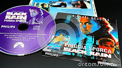 CD and artwork of video of BLACK RAIN. 1989 film directed by Ridley Scott, with Michael Douglas Editorial Stock Photo