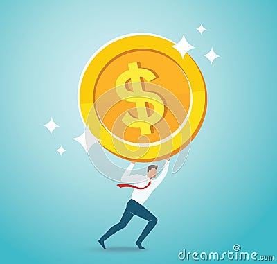 Businessman holding big gold coin. business concept vector illustration Vector Illustration