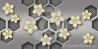 Abstract background, mural 3d flower Grey metal geometric hexagonal wallpaper, Honeycomb hexagonal 3d render. Stock Photo