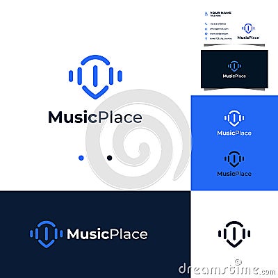 Wave music logo with pin location concept and business card template Vector Illustration