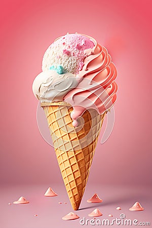 ce cream in Waffle cone sundae scoops with chocolate sauce, Vanilla, Strawberry, Delicious cream dessert Stock Photo