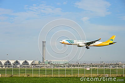 Cebu Pacific Air RP-C3344 Airbus plane landing to runways at Suvarnabhumi international airport in Bangkok ,Thailand. Editorial Stock Photo