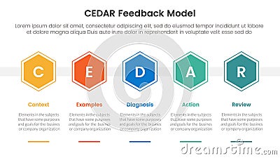 CEDAR feedback model infographic template banner with honeycomb hexagon shape horizontal with 5 point list information for slide Stock Photo