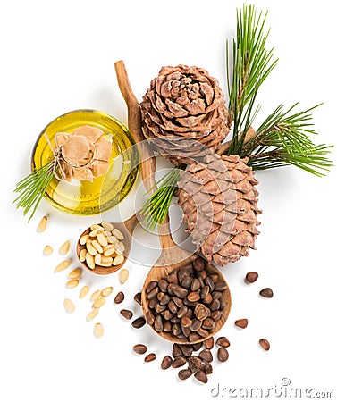 Cedar pine nuts and oil, view from above Stock Photo